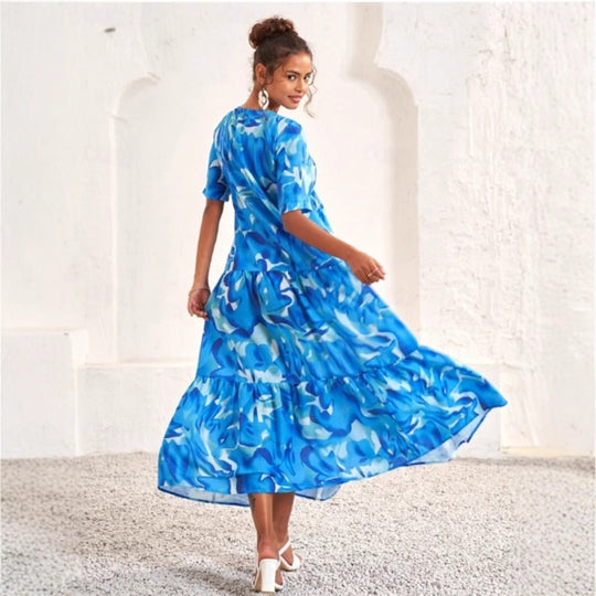 Damen Maxikleid mit voluminösen Rüschen und modischem V-Ausschnitt EB
