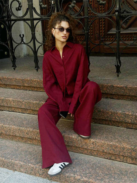 Damen luftiges Leinen-Set mit weit geschnittenem Hemd und Hose EB