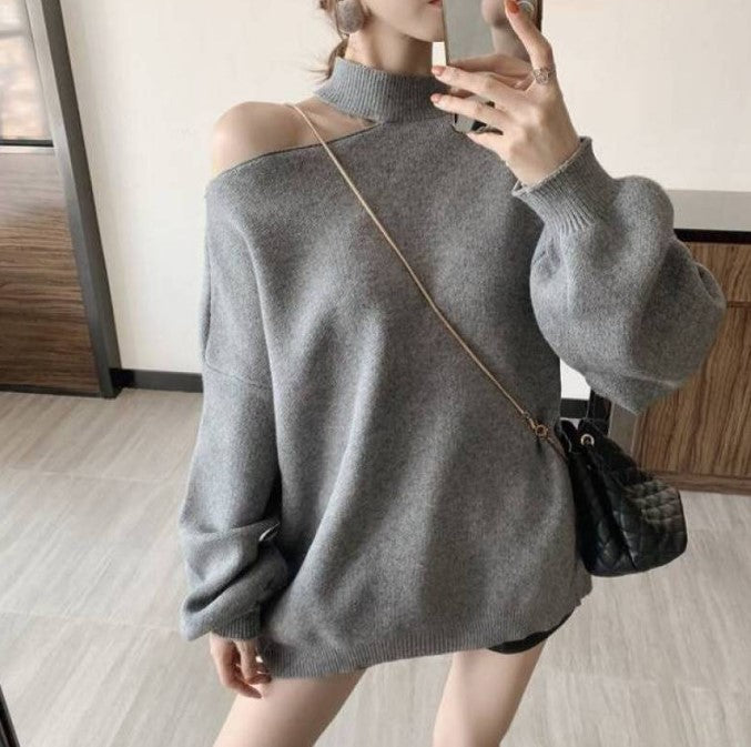 Damen Oversized Pullover mit schulterfreiem Design und hohen Kragen EB