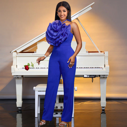 Damen eleganter Jumpsuit mit voluminösem Blumenkragen EB