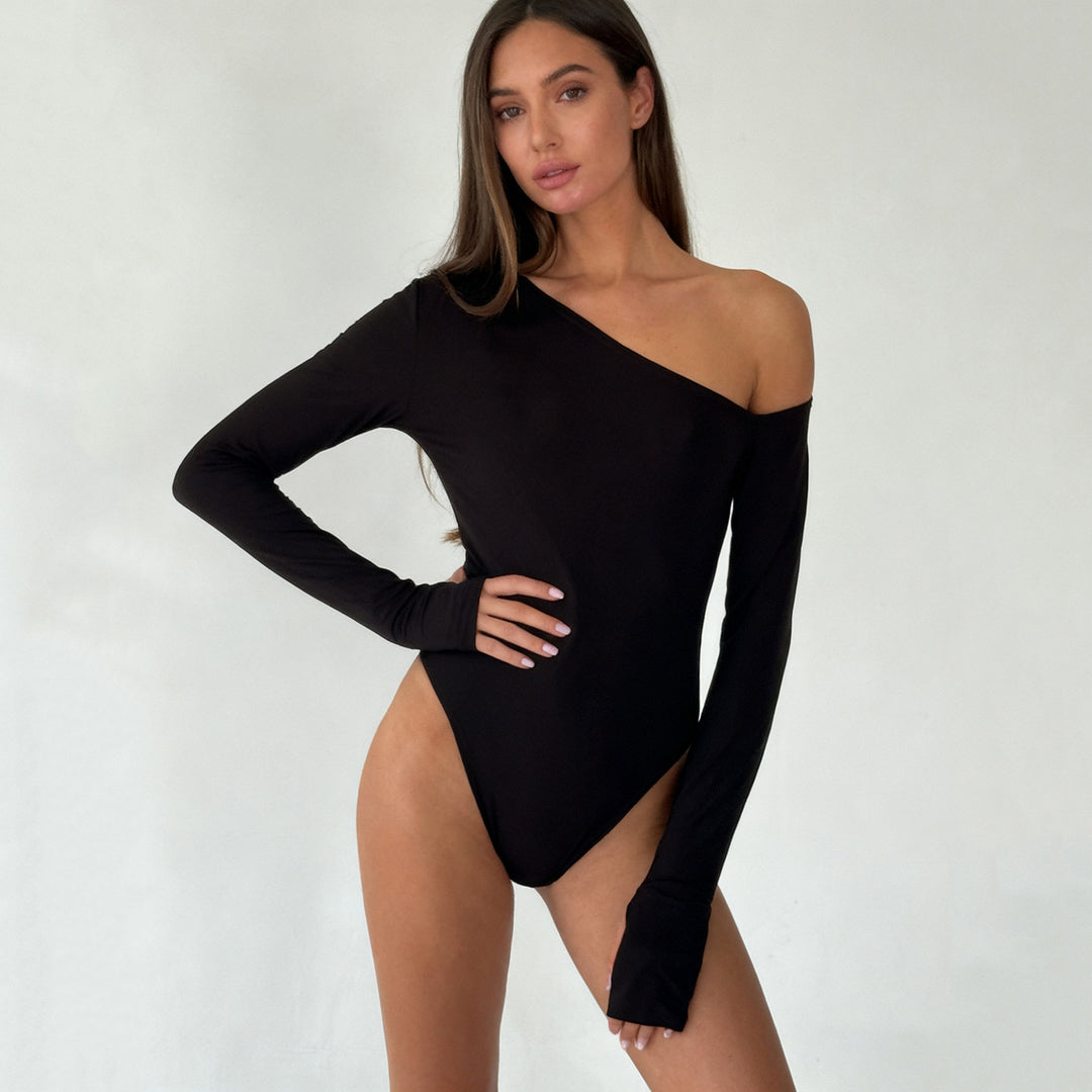 Damen eleganter Body mit langen Ärmeln und weitem Halsausschnitt EB