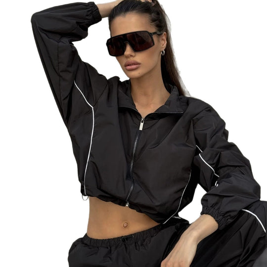Damen Kurz geschnittene Windbreaker Jacke mit halbem Reißverschluss, Tunnelzug und elastischen Bündchen EB