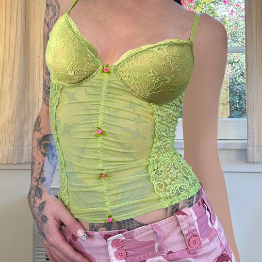 Damen Spitzen-Camisole mit wunderschöner Raffung und knopfartigen Akzenten EB