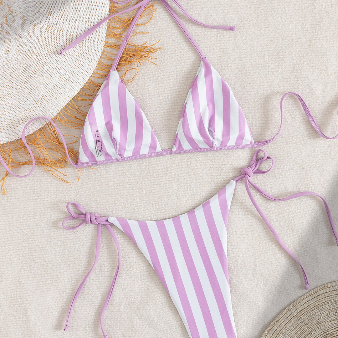 Damen Triangel-Bikini mit trendigen Streifen und verspielten Bindebändern EB