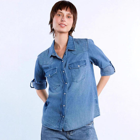 Damen lässige Denim-Bluse mit aufgesetzten Taschen und leicht tailliertem Schnitt EB