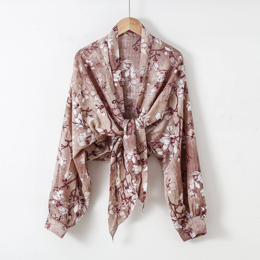 Damen nan florale Knoten-Bluse im Wickelstil mit Ballonärmeln und leichter Leinenoptik EB