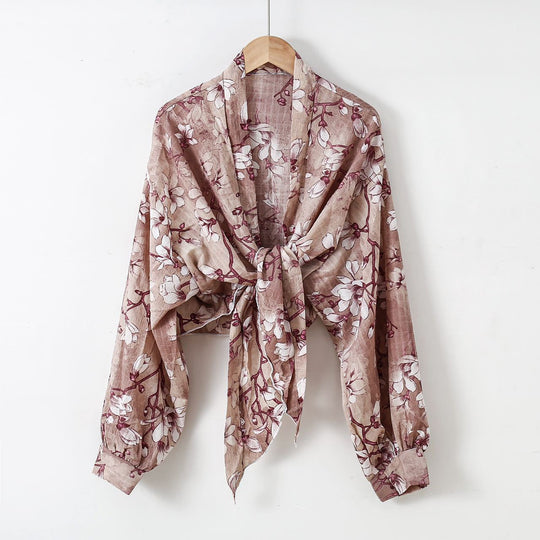 Damen nan florale Knoten-Bluse im Wickelstil mit Ballonärmeln und leichter Leinenoptik EB