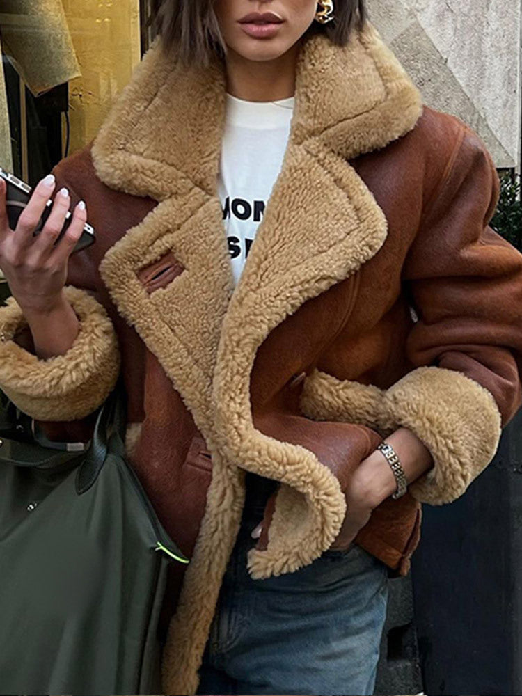 Damen Lässige und modische Teddyjacke mit großem Kragen und weich gefüttertem Innenleben EB