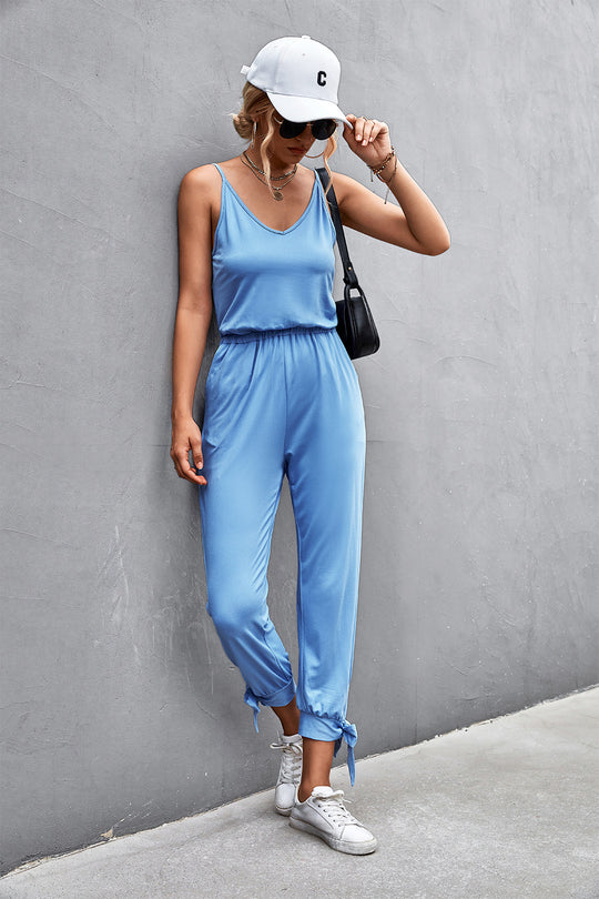 Damen Lässiger Jumpsuit mit verstellbaren Spaghetti-Trägern und elastischem Bund EB