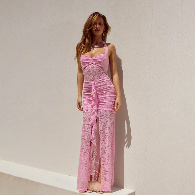 Damen Spitzen-Maxikleid mit raffiniertem Wickeldesign EB