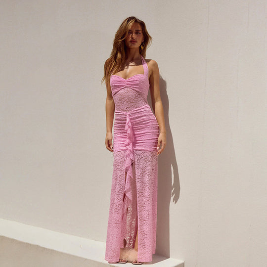 Damen Spitzen-Maxikleid mit raffiniertem Wickeldesign EB