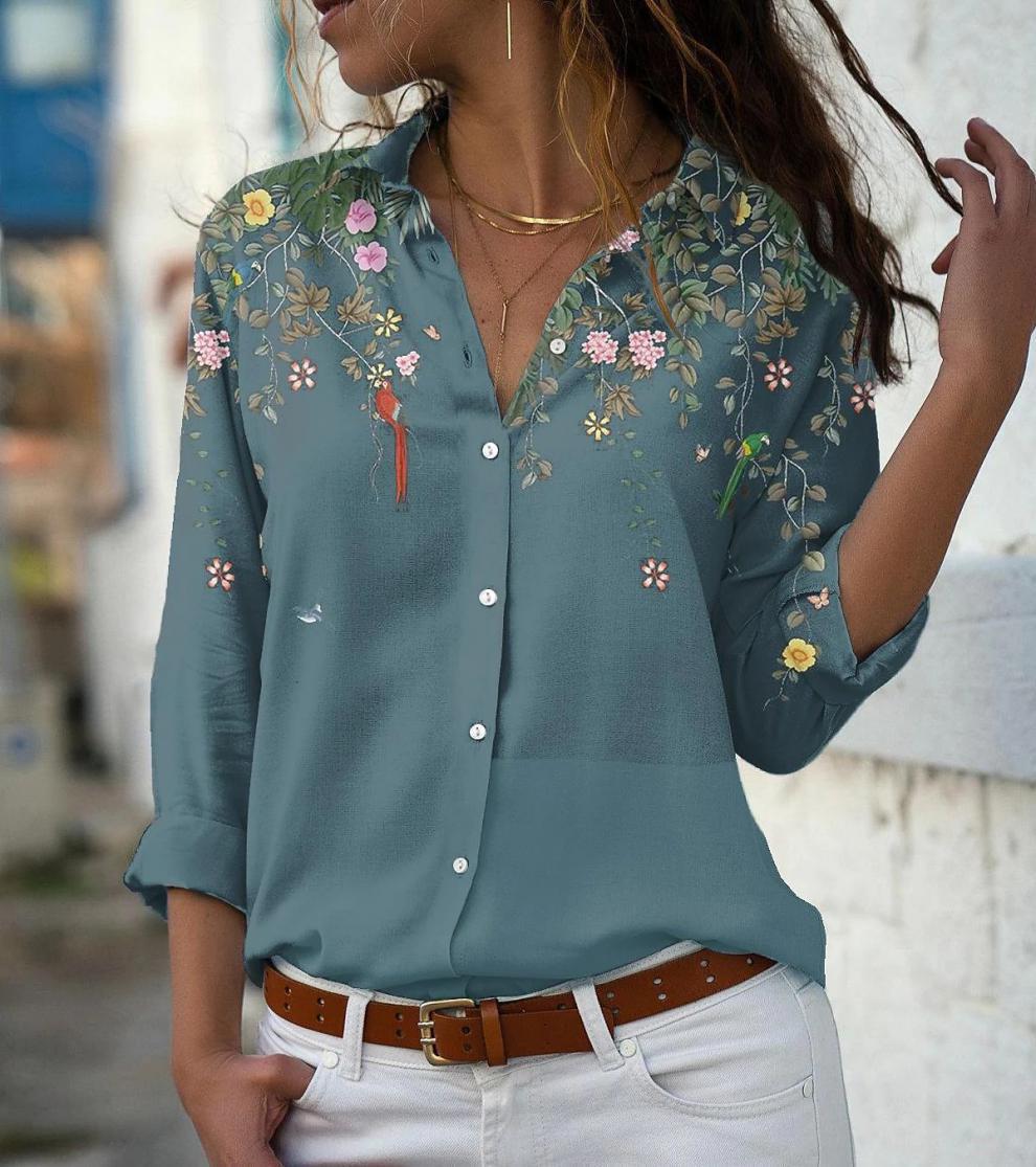 Damen nan leichte Chiffonbluse mit floralem Vogelprint, Knopfleiste und lässigem Schnitt EB