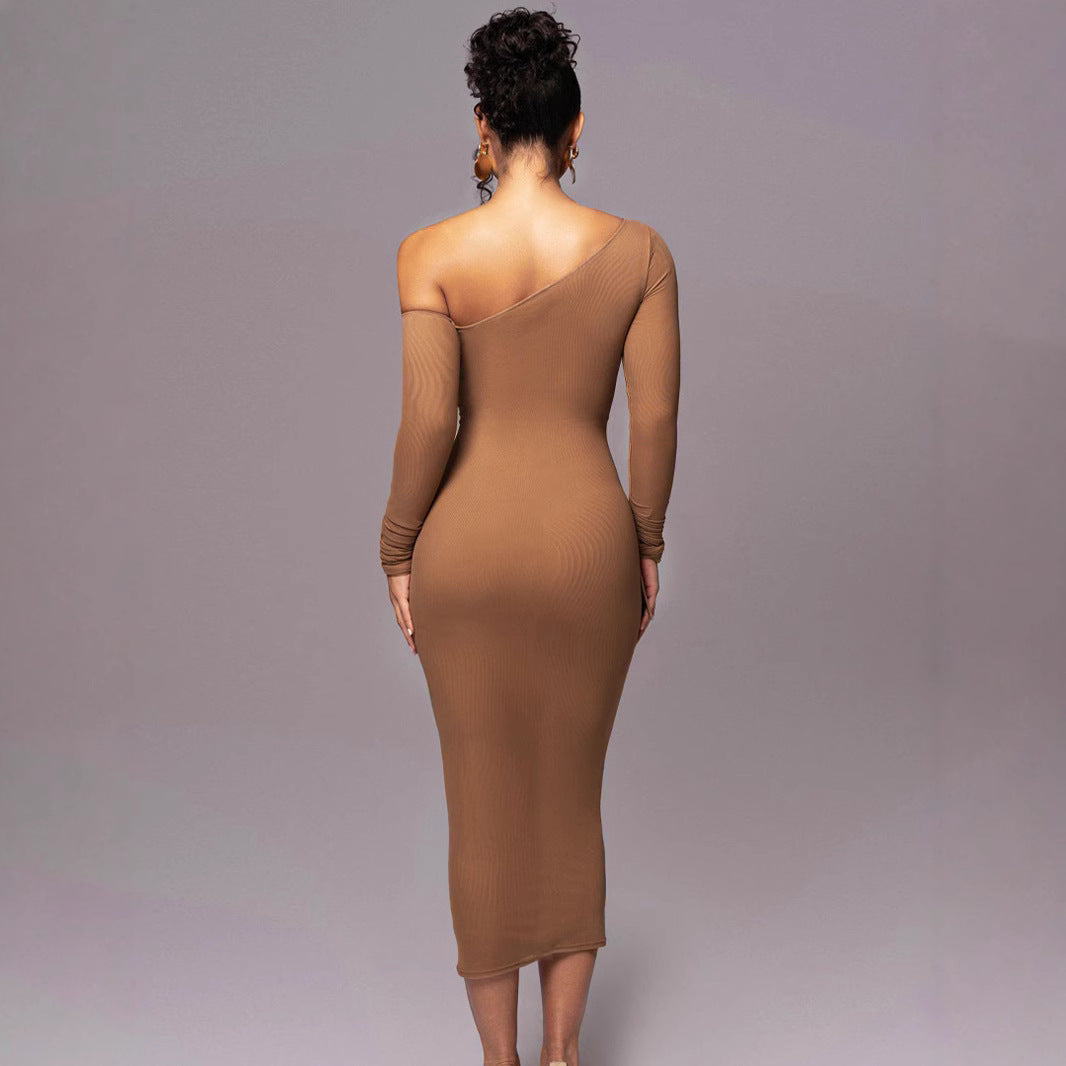 Damen Elegantes One-Shoulder Kleid mit Rüschen EB