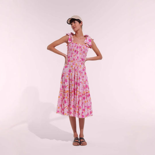 Damen Maxikleid mit floralem Rüschendesign und elastischem Oberteil EB