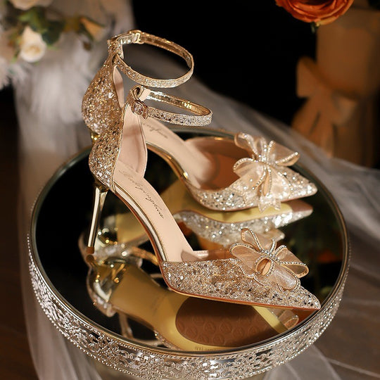 Damen elegante High-Heels mit funkelndem Strass und Schleifenakzent EB