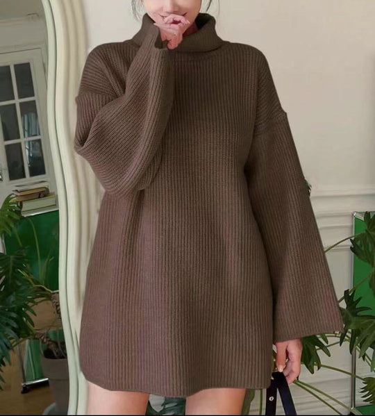 Damen Langer Strickpullover mit hohem Kragen und weit ausgestellten Ärmeln EB