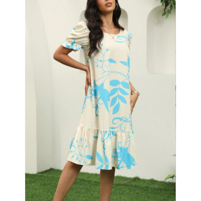 Damen Freizeitkleid mit voluminösen Ärmeln und Rüschensaum EB