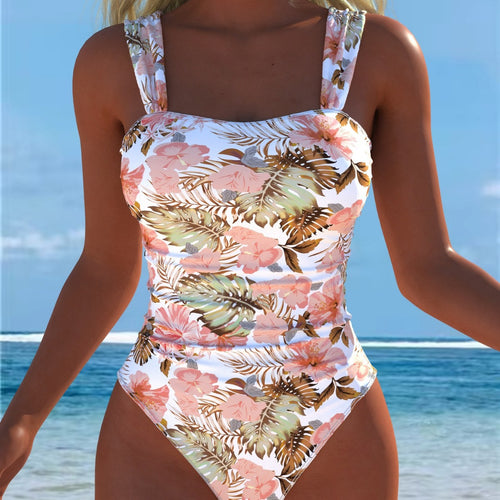 Damen Einteiliger Badeanzug mit floralen Akzenten und breiten Trägern EB