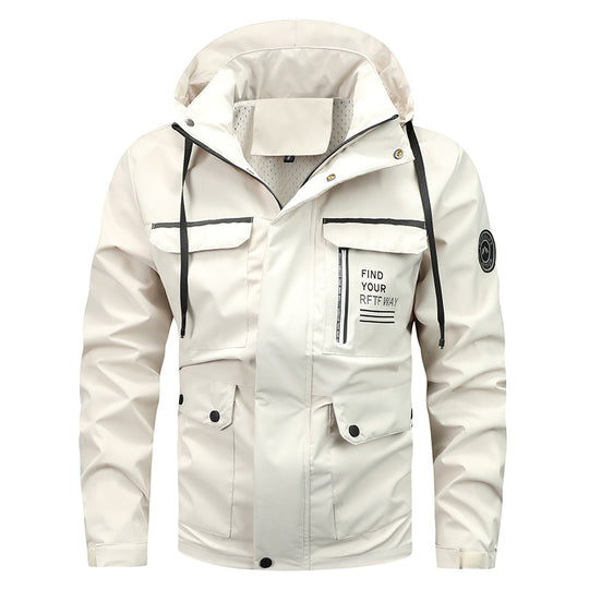 Herren  wasserfeste Kapuzen-Regenjacke mit Mehrfach-Taschen und winddichter Membran EB