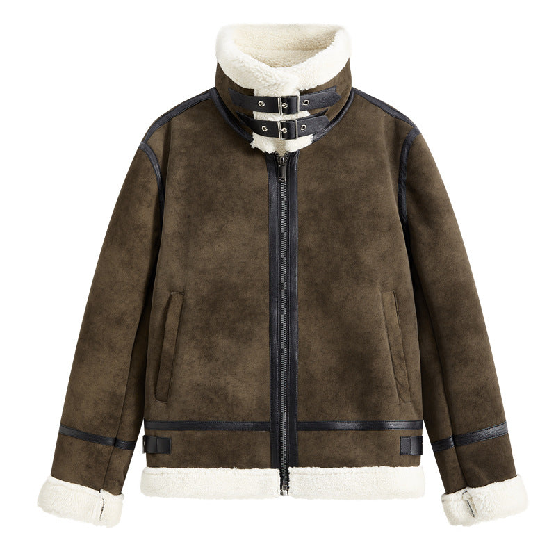 Herren Lammfellimitat Fliegerjacke mit hohem Kragen und Doppel-Schnallenverschluss EB