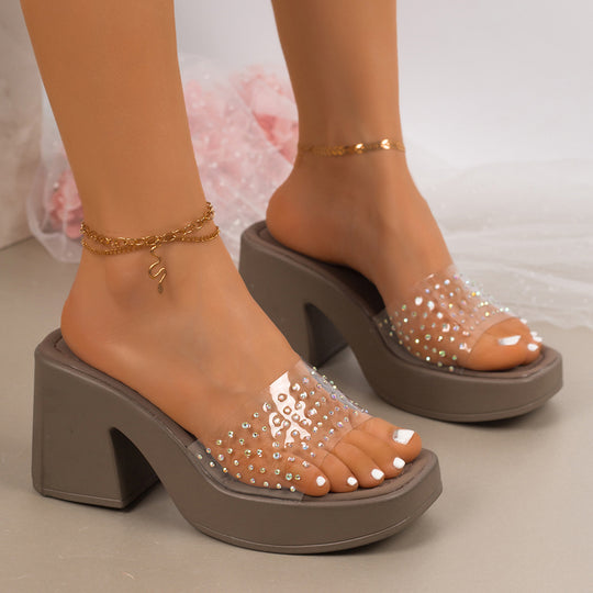 Damen Glamouröse Plateau-Sandalen mit durchsichtigen Riemen und Strassdetails EB