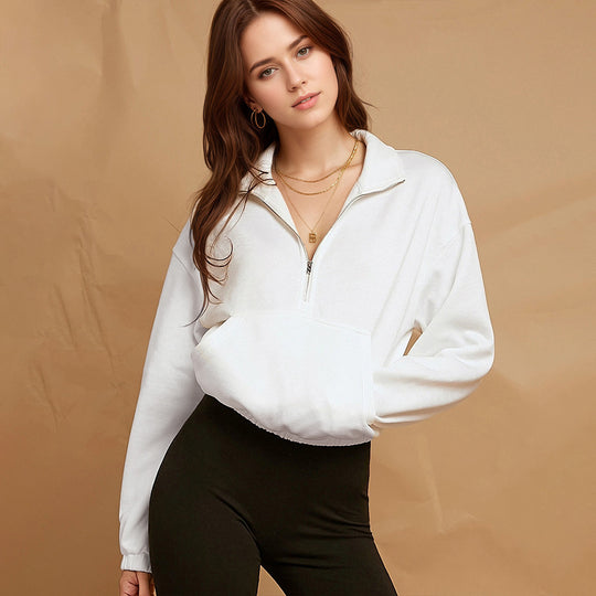 Damen halbzip Cropped Sweatshirt mit hohem Stehkragen, Kängurutasche und elastischem Saum Eichborn Berlin