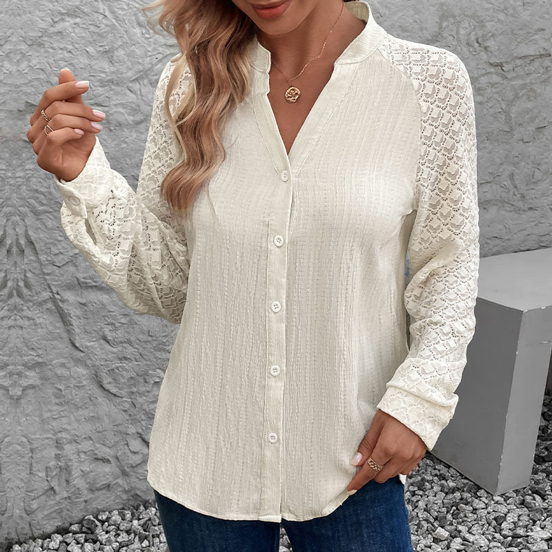 Damen Bluse mit eleganten Spitzenärmeln und hochwertiger Struktur EB