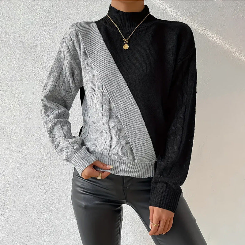 Damen modischer Strickpullover mit asymmetrischem Zopfdesign und hohen Kragen EB