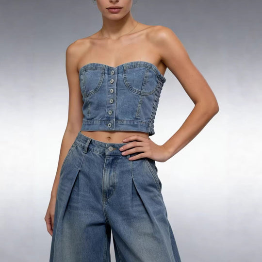 Damen Denim Bustier-Oberteil mit Knopfdetails und tailliertem Schnitt EB
