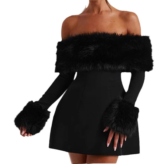 Damen Stilvolles Minikleid mit abnehmbaren Flauschenärmeln EB