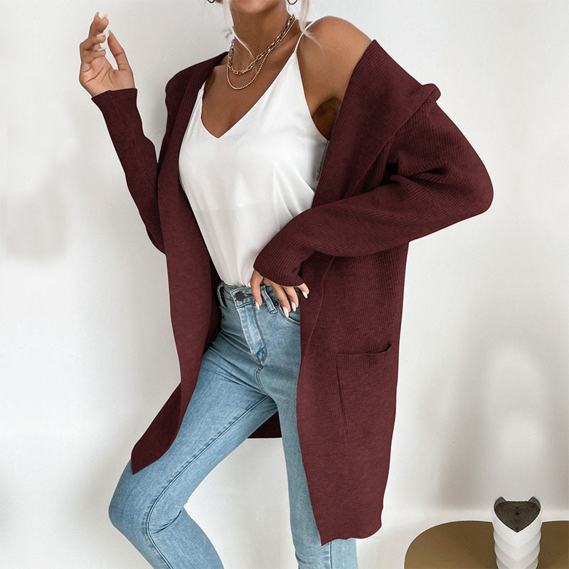Damen Langärmlige Strickjacke mit Kapuze und seitlichen Taschen EB