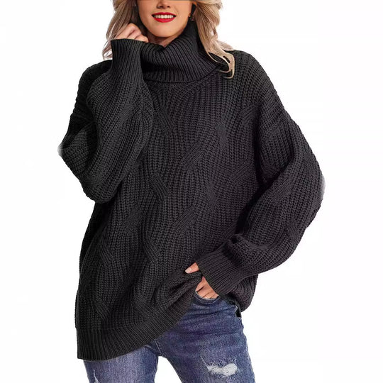 Damen Grobstrickpullover mit hohem Kragen und strukturiertem Zopfmuster EB