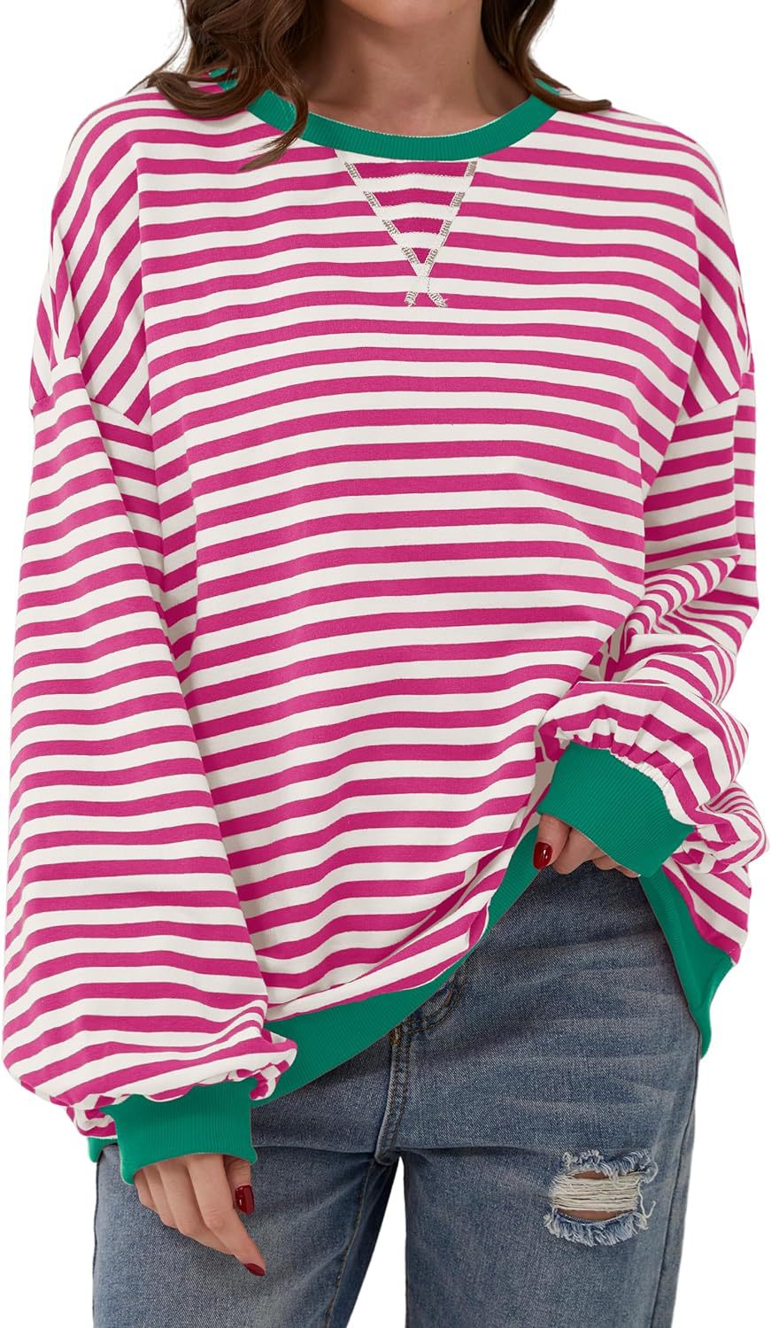 Damen Lässiger Sweatshirt mit bunten Streifen und weitem Schnitt EB