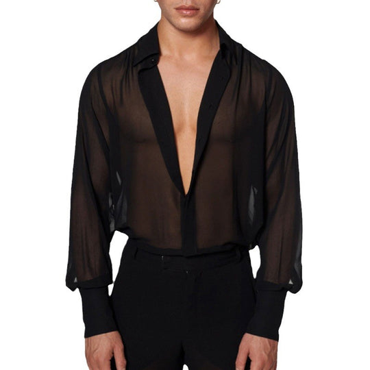 Damen nan semi-transparente Langarm-Chiffonbluse mit Hemdkragen und breiten Manschetten EB