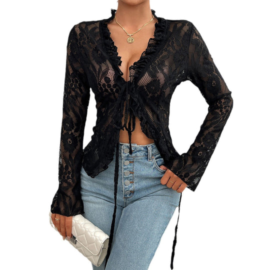 Damen Spitzenbluse mit Rüschendetails und tailliertem Schnitt EB