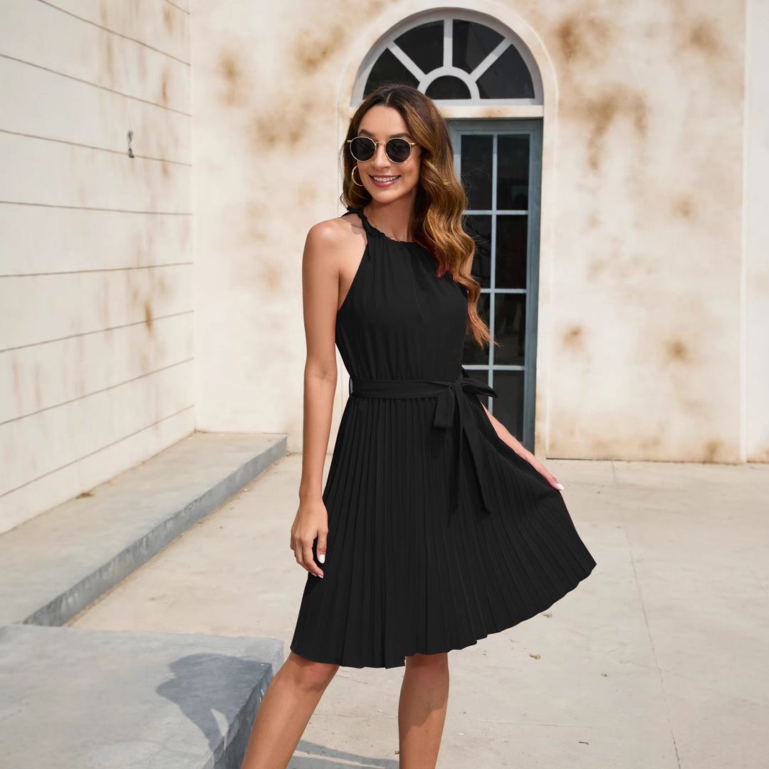 Damen Plissiertes Sommerkleid mit tailliertem Gürtel und Halterneck EB