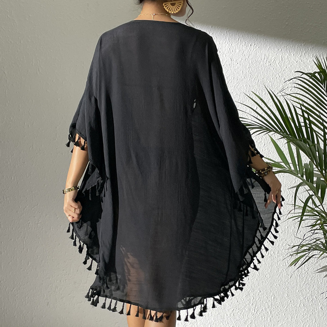Damen Strandtunika mit elegantem Häkelmuster und fransigen Details EB
