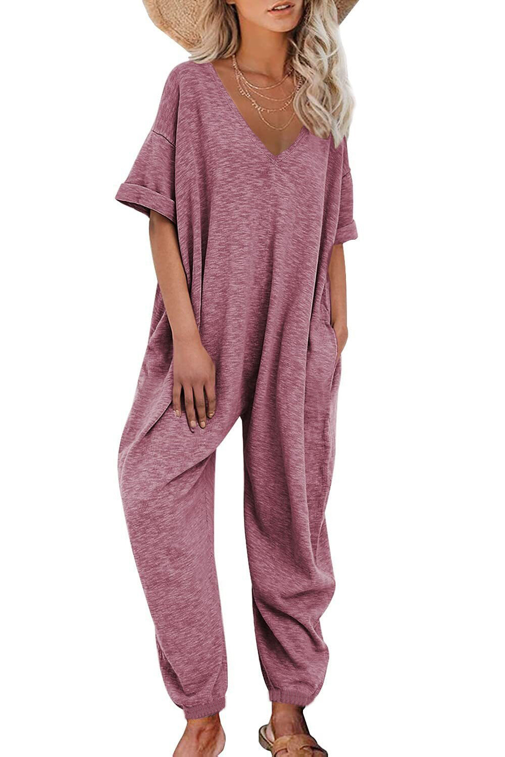 Damen Oversized Jumpsuit mit tiefem V-Ausschnitt und lässigen Taschen EB
