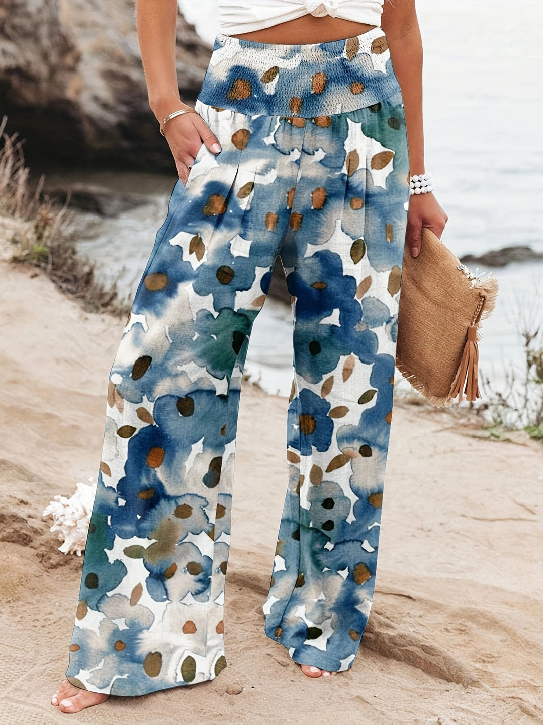 Damen Weit geschnittene Strandhose mit floralem Motiven und elastischem Bund EB
