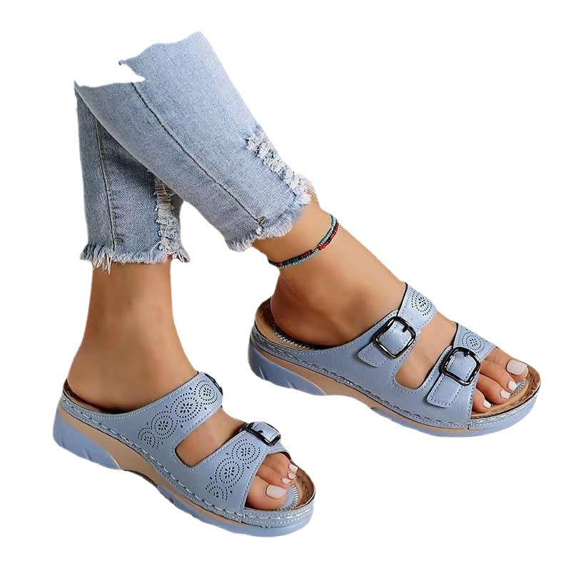 Damen Komfortable Wedge-Pantoletten mit verstellbaren Doppelschnallen EB