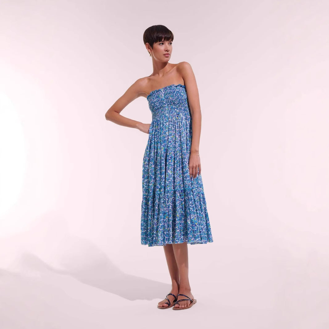 Damen Maxikleid mit floralem Rüschendesign und elastischem Oberteil EB