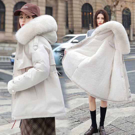 Damen Modischer Pufferparka mit luxuriösem Kunstfellkragen und praktischen Taschen EB