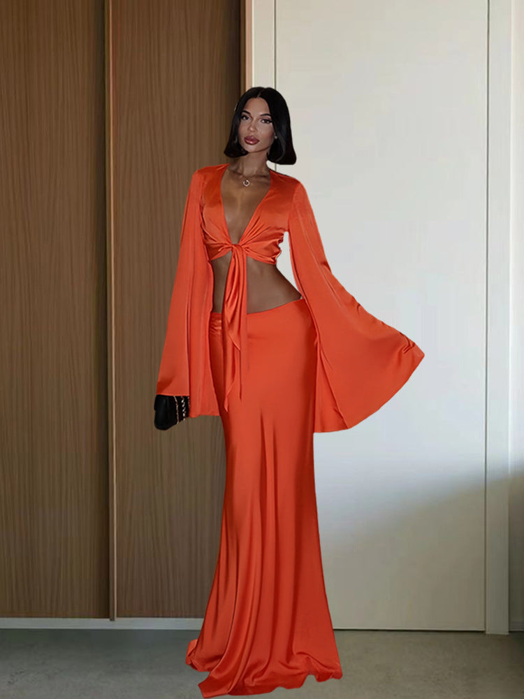 Damen Elegantes Maxikleid mit ausgestellten Ärmeln und tiefem V-Ausschnitt EB