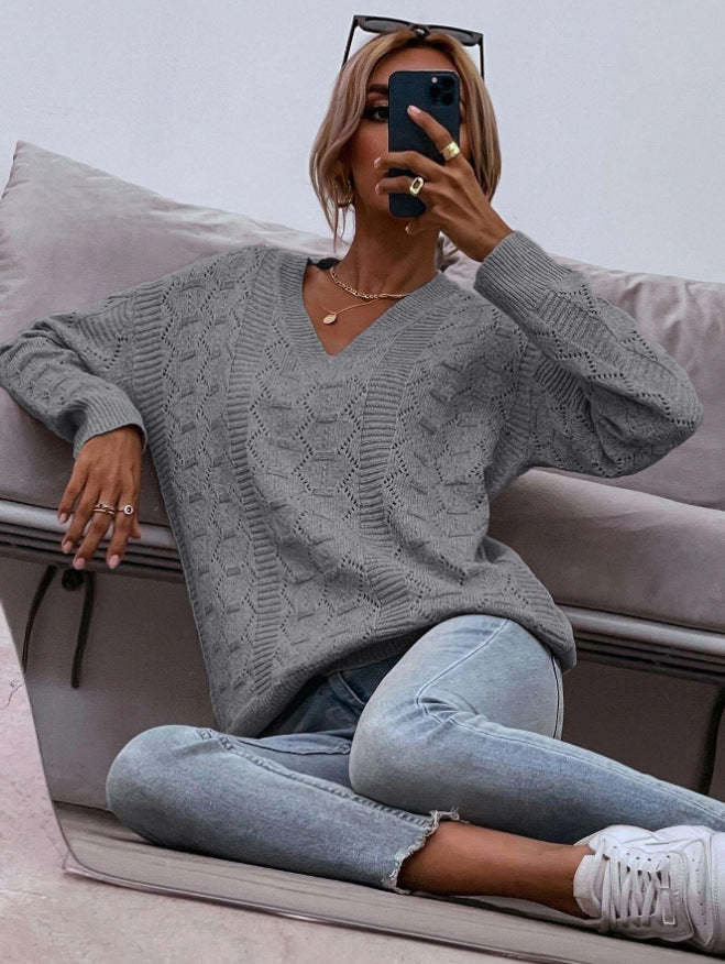 Damen Strickpullover mit V-Ausschnitt und lockerer Passform EB