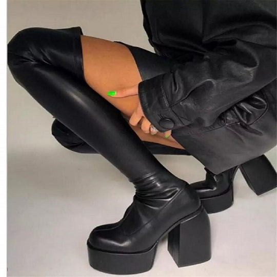 Damen Überknee-Stiefel mit klobigem Blockabsatz und elastischem Obermaterial EB
