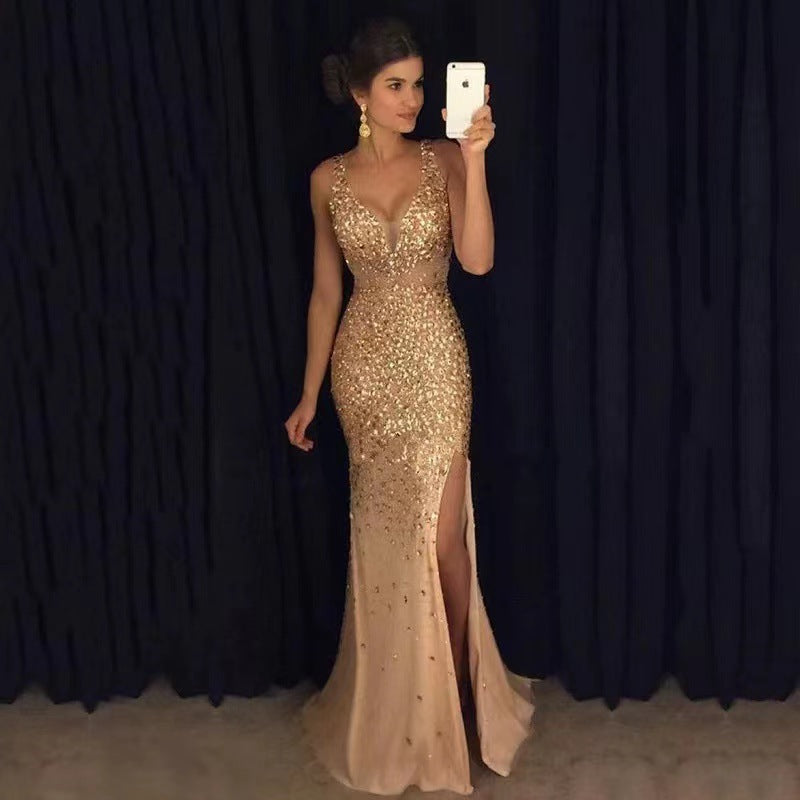 EB | Damen Ärmelloses Ballkleid mit V-Ausschnitt und Beinschlitz