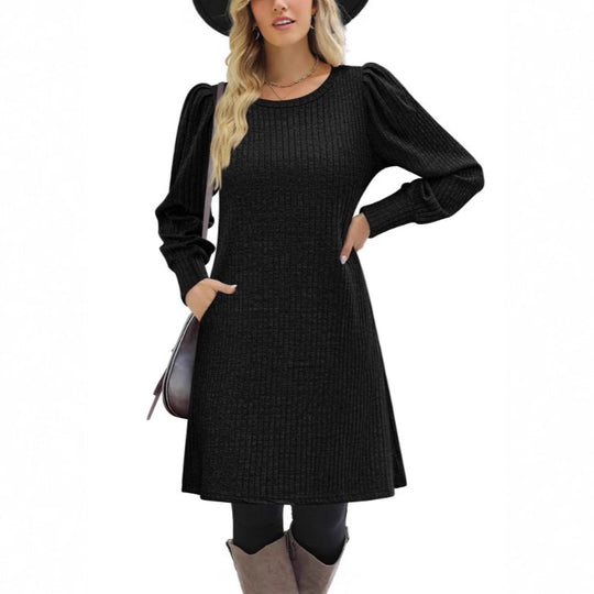 Damen nan gestricktes A-Linien Strickkleid mit Puffärmeln EB