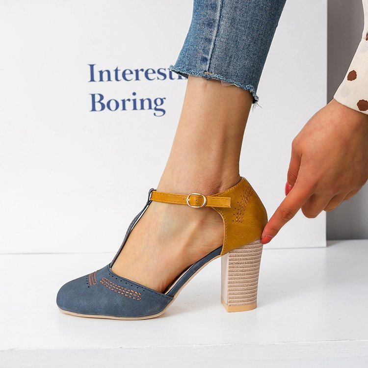 Damen T‑Strap Pumps mit mittelhohem Blockabsatz und dekorativer Ziernaht EB