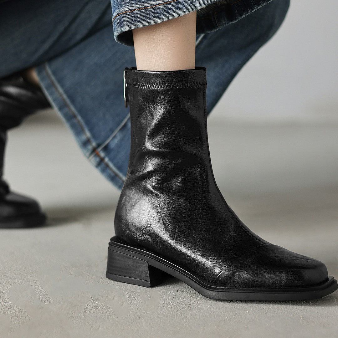 Damen elegante Ankle Boots mit modernem Reißverschluss und komfortablem Blockabsatz EB