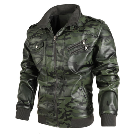 Herren Camouflage Kunstleder-Bomberjacke mit Reißverschluss-Brusttaschen und Rippbündchen EB